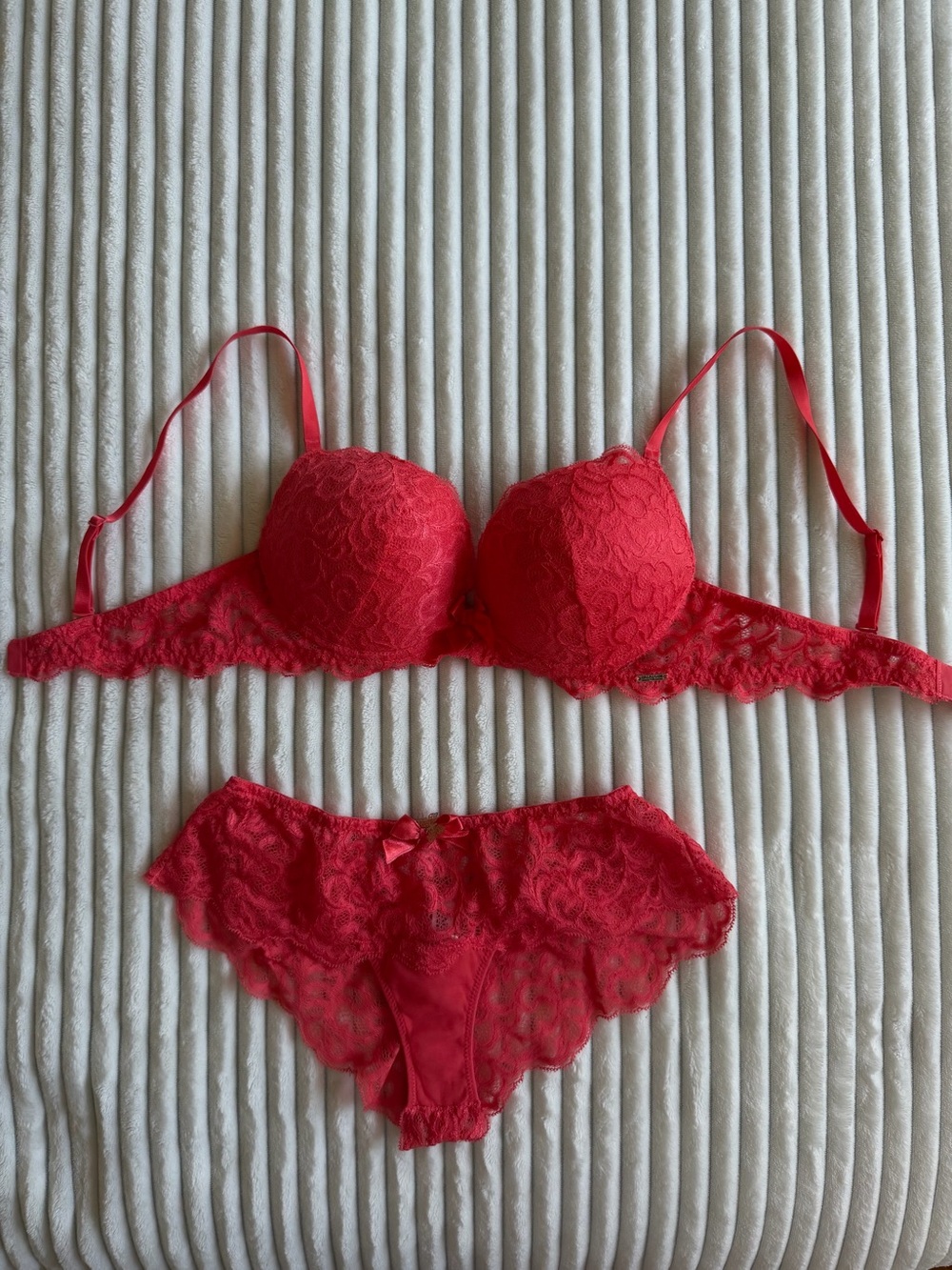 Coral Lace Push-Up Bra and Matching Bikini Panty Set